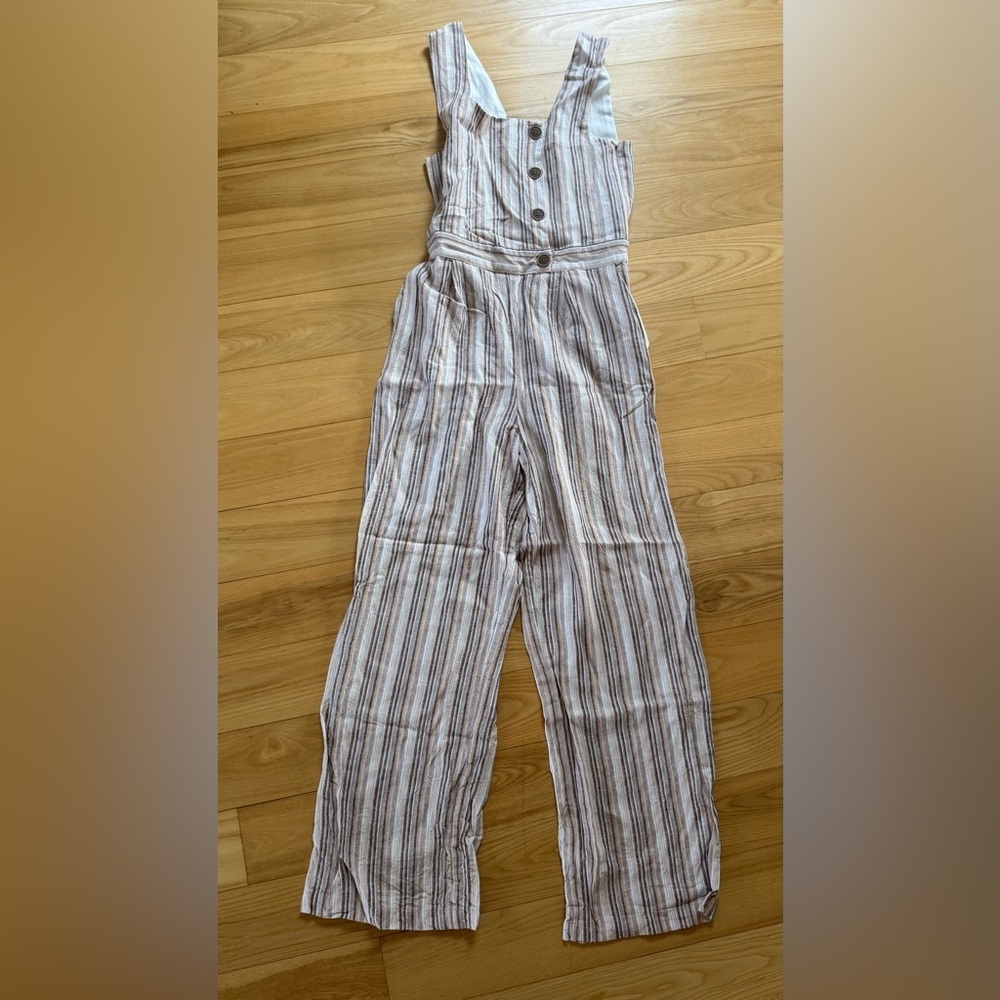 Indigo Rein Jumpsuit S Striped Neutral Linen Look Wide Leg Romper